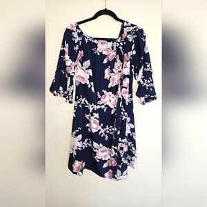 EUC Floral Navy Dress with Pink and White Accents